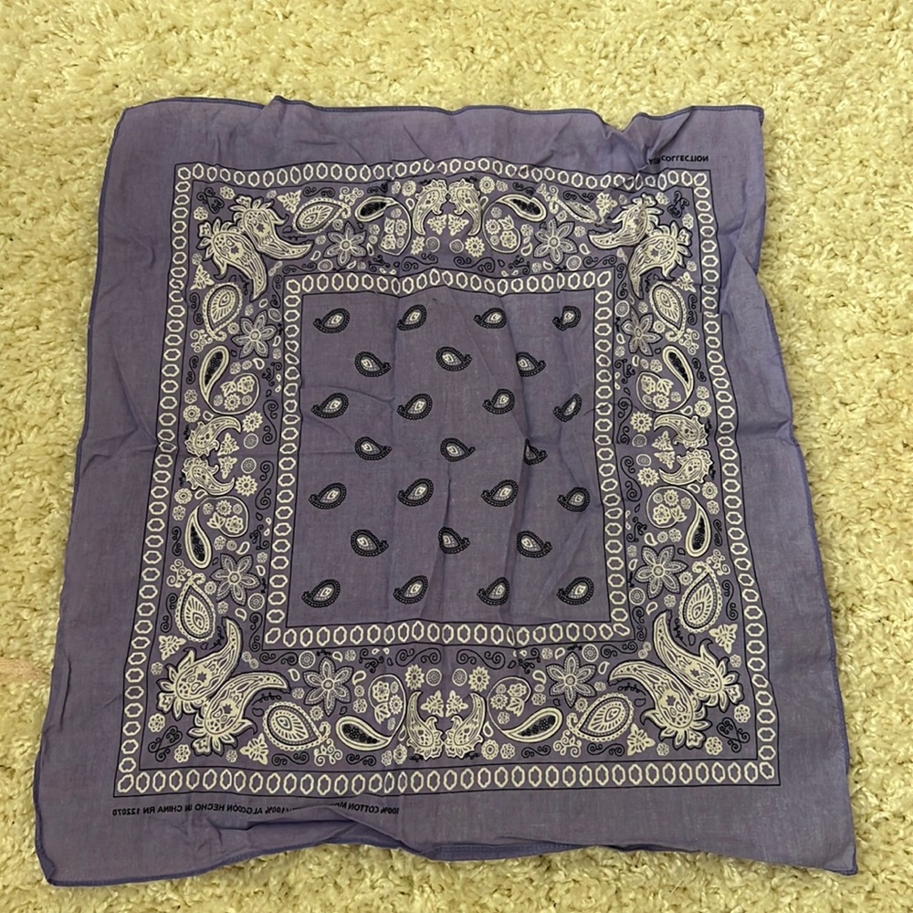 Purple bandanna with white and black floral pattern